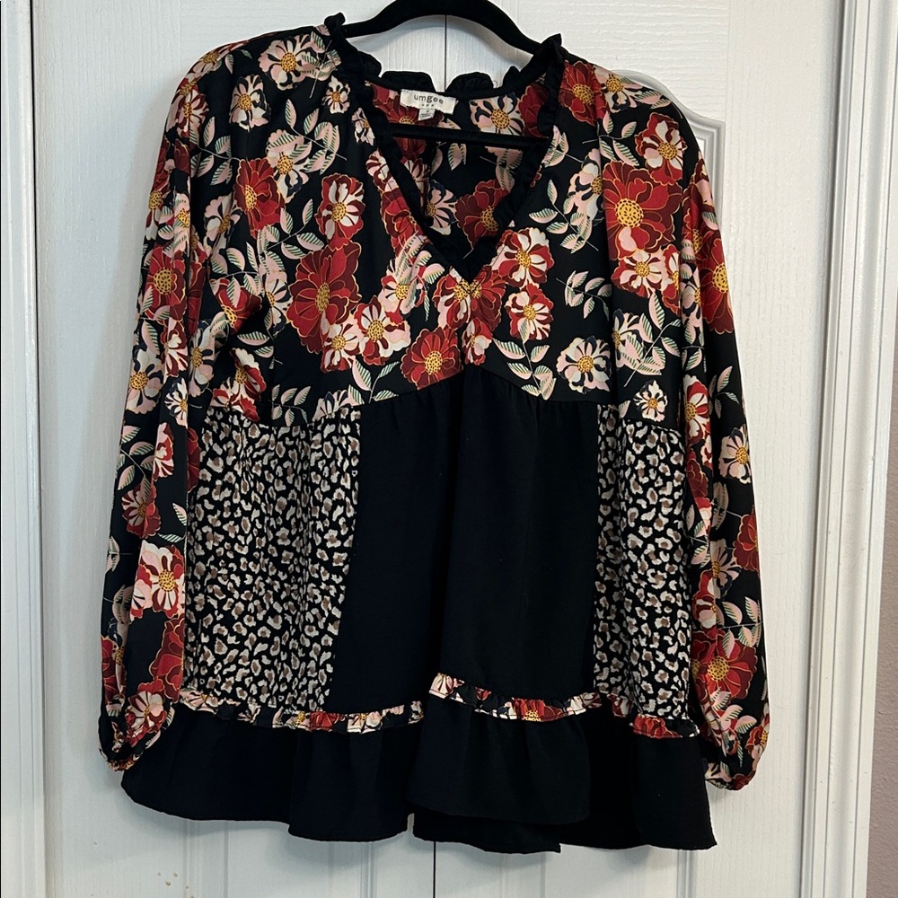 Umgee Black Floral Patchwork Blouse